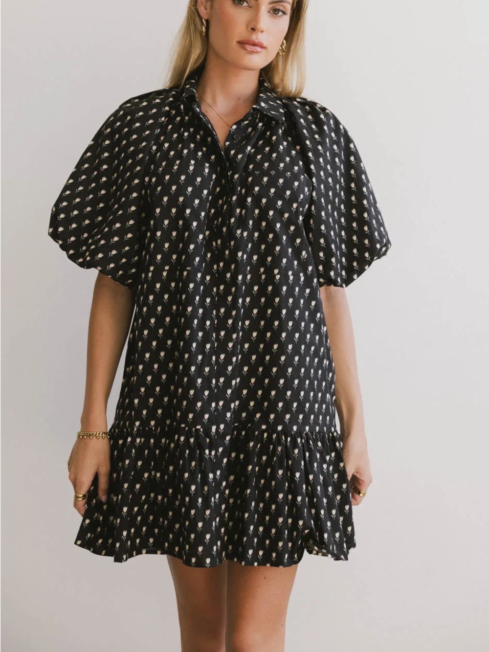 Aureum Miel Floral Cotton Mini Shirt Dress Dramatic Sleeves Small Soft Black